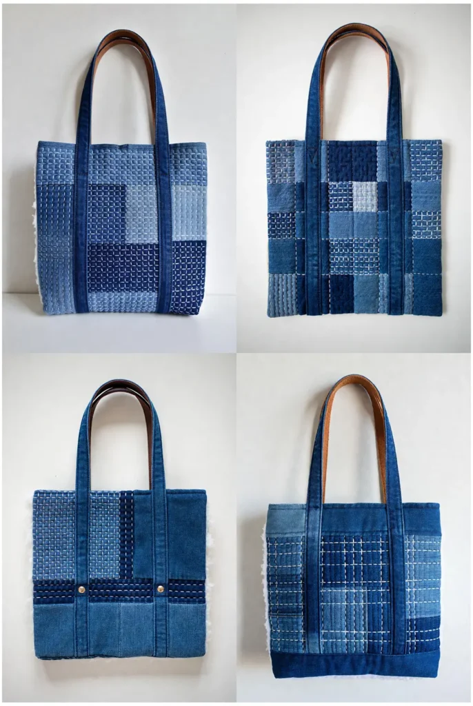 Upcycled Denim Quilted Bag with Sashiko Embroidery