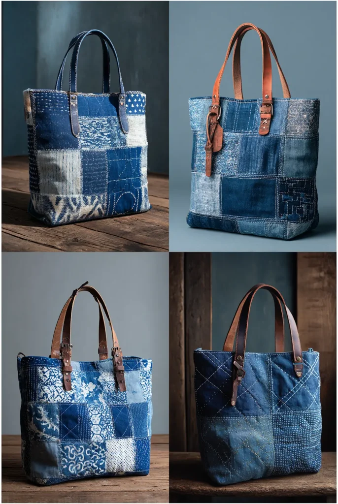 Upcycled Denim Quilted Bag with Sashiko Embroidery