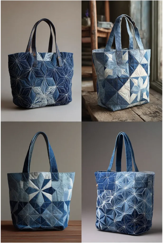 Upcycled Denim Quilted Bag with Sashiko Embroidery