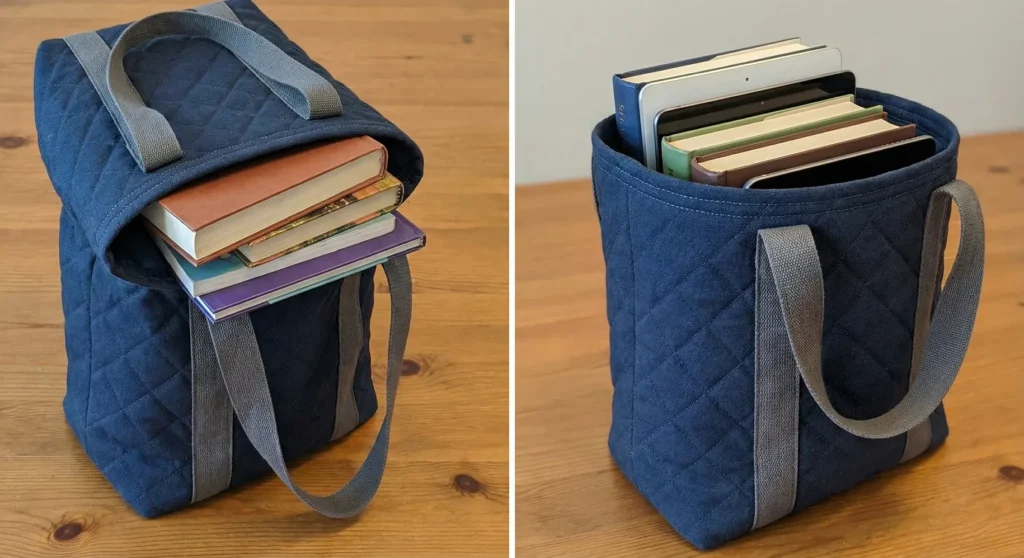 Vertical Quilted Library Bag for Books and Tablets