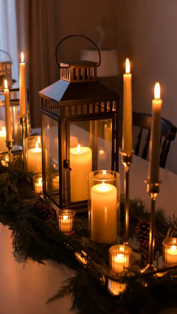 Warm Candlelit Centerpieces with Lanterns - Tapers - and Evergreen Accents