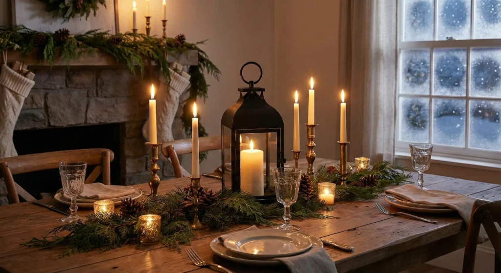Warm Candlelit Centerpieces with Lanterns - Tapers - and Evergreen Accents