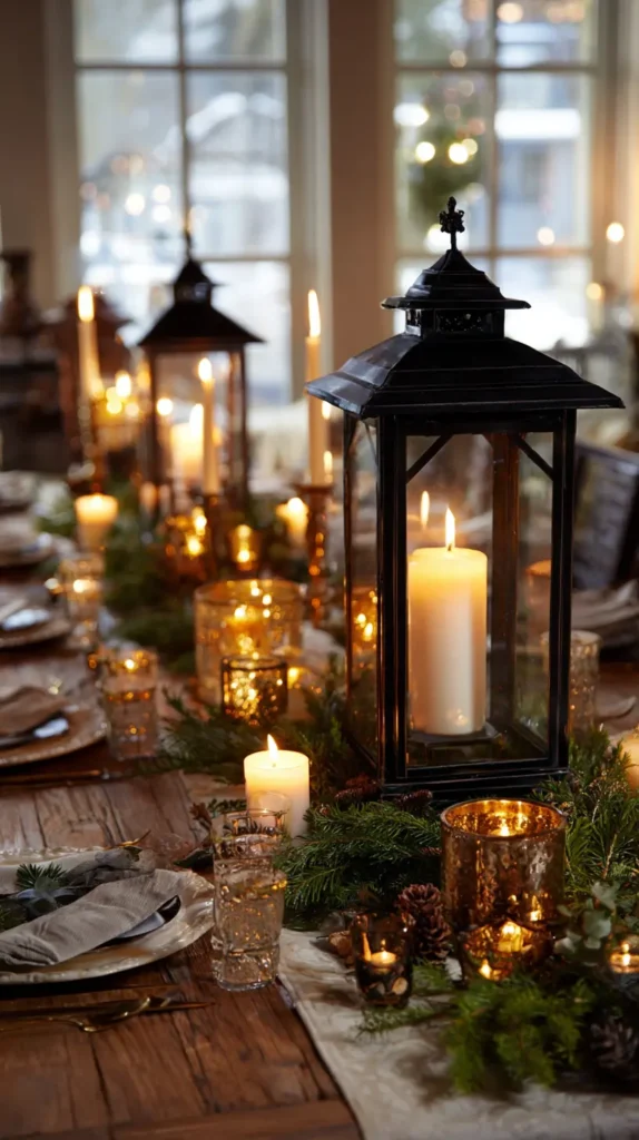 Warm Candlelit Centerpieces with Lanterns - Tapers - and Evergreen Accents