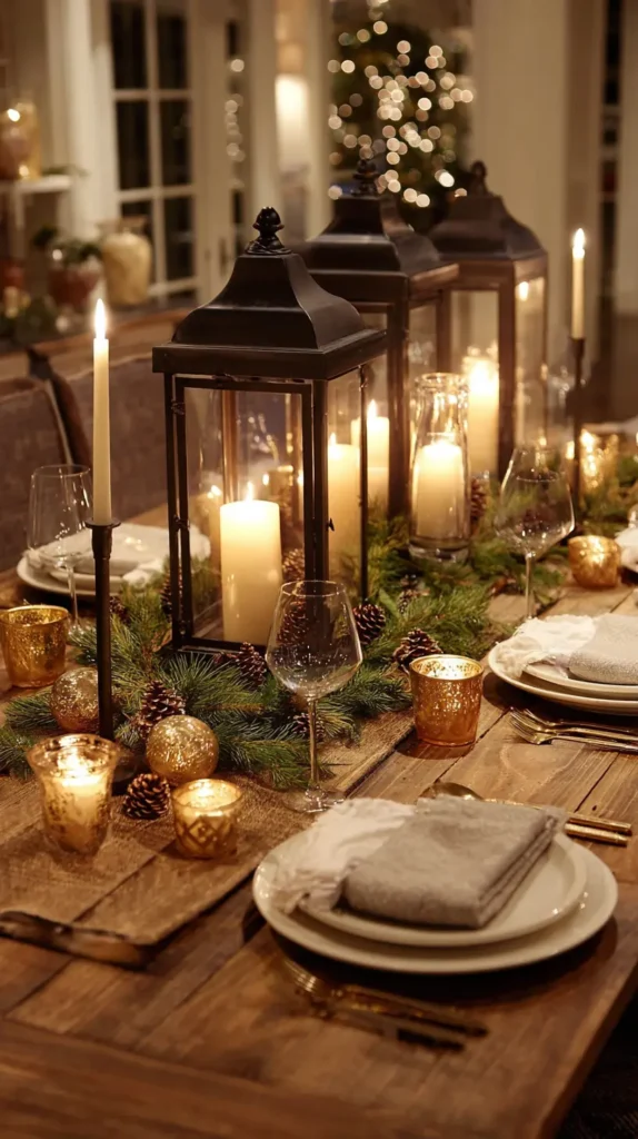 Warm Candlelit Centerpieces with Lanterns - Tapers - and Evergreen Accents