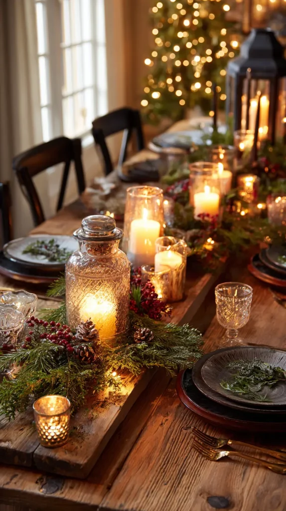 Warm Candlelit Centerpieces with Lanterns - Tapers - and Evergreen Accents