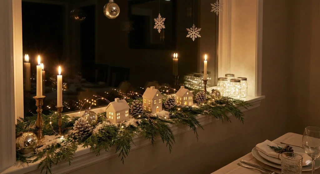 Window Sill Christmas Displays with Twinkle Lights