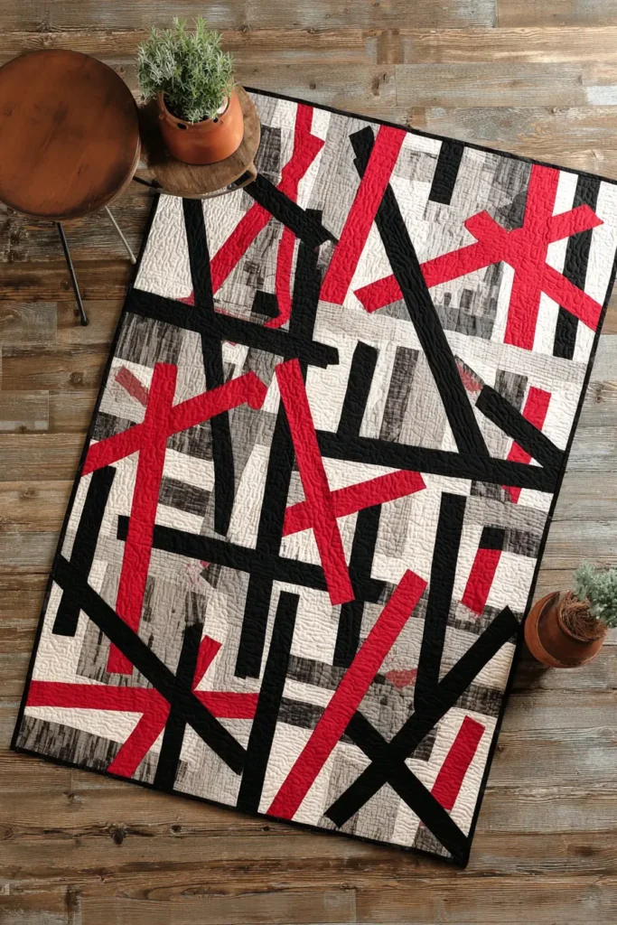 Abstract Red, Black, and White Quilts for Artistic Living Room Statements