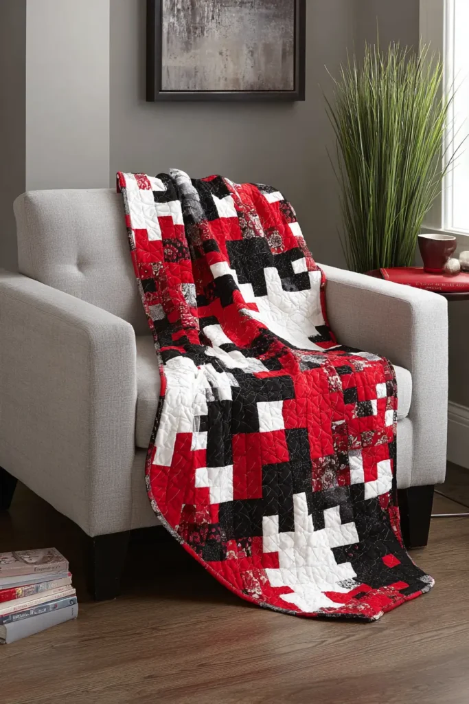 Artistic Abstract Red, Black, and White Quilt Designs 5 Living Room