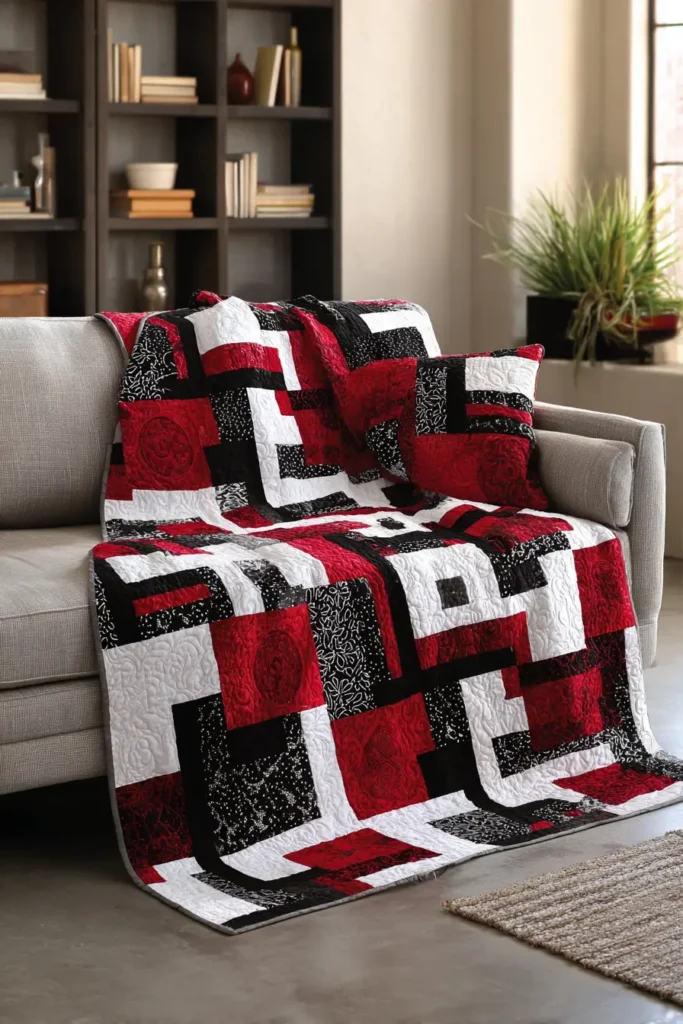 Artistic Abstract Red, Black, and White Quilt Designs 5 Living Room