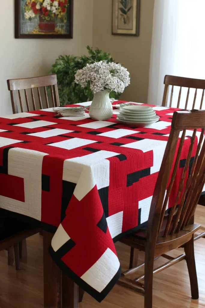 Basket Weave Red and Black Quilt for Dining Table Cover