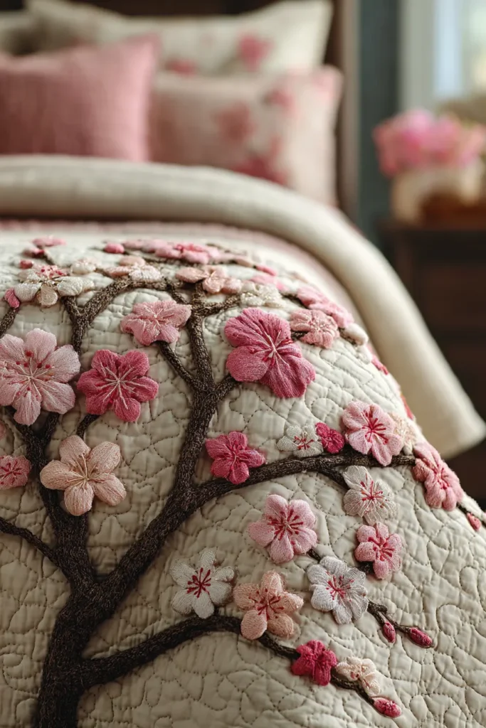Cherry Blossom Sakura Appliqué Quilts for Spring Elegance