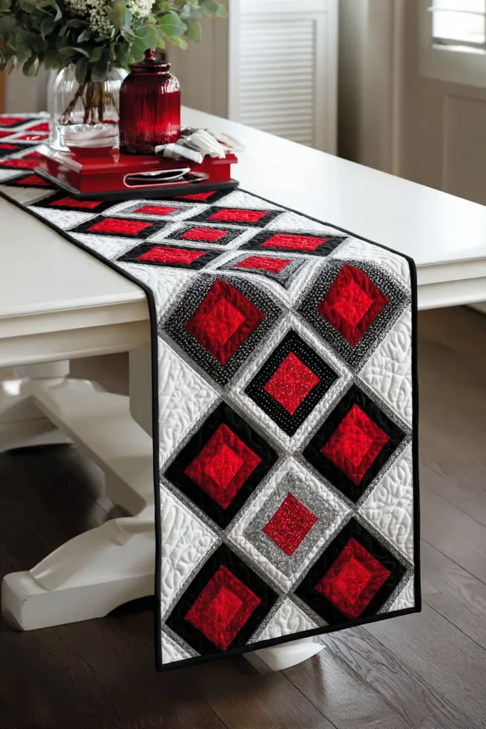 Chic Red, Black, and White Quilted Table Runners