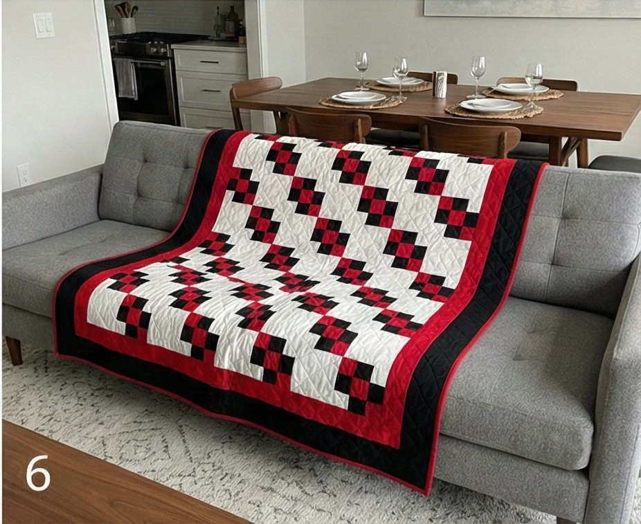Classic Red, Black, and White Patchwork Quilts for Living Cum Dining Rooms