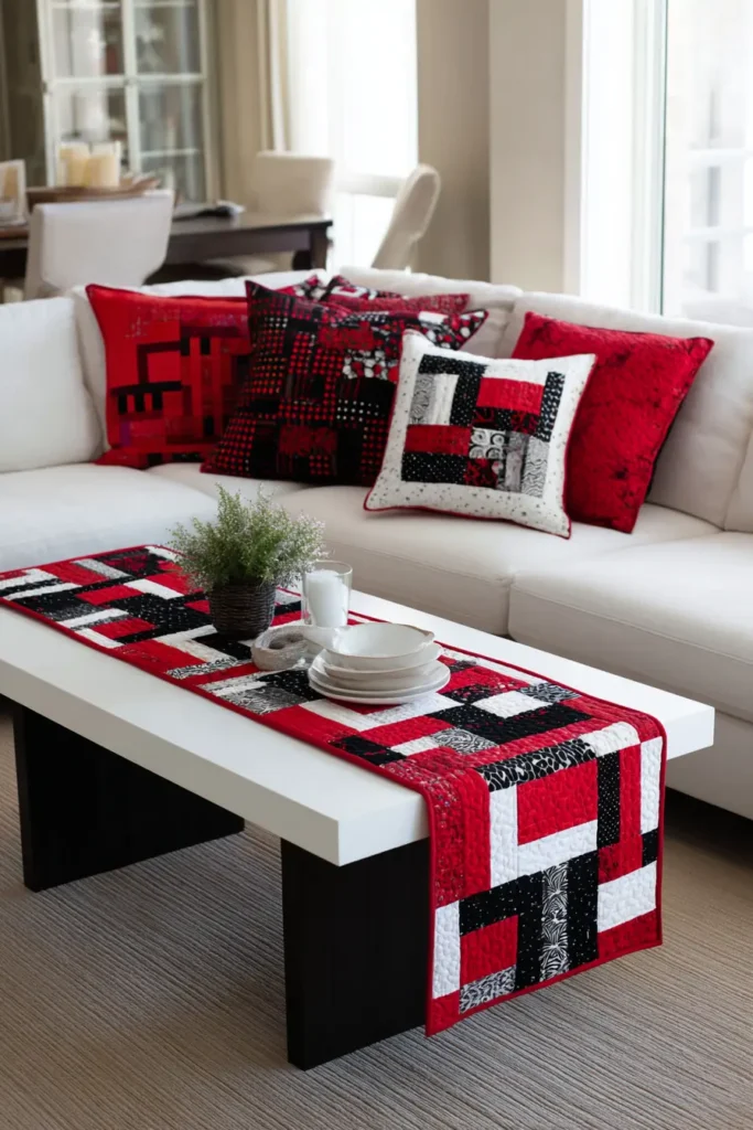 Cohesive Red, Black, and White Table Runner and Pillow Sets