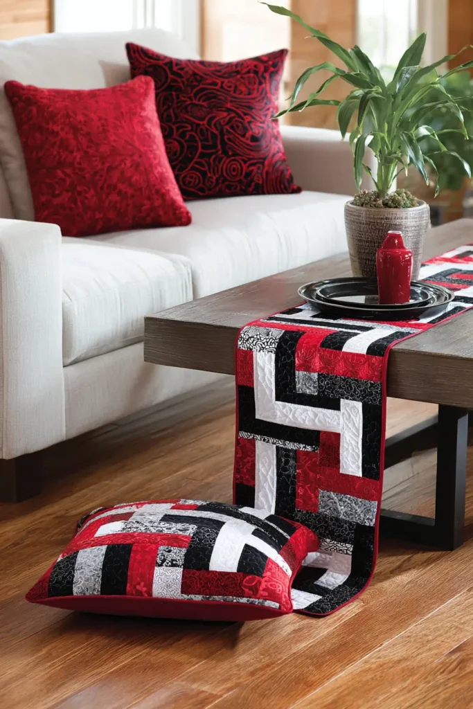 Cohesive Red, Black, and White Table Runner and Pillow Sets