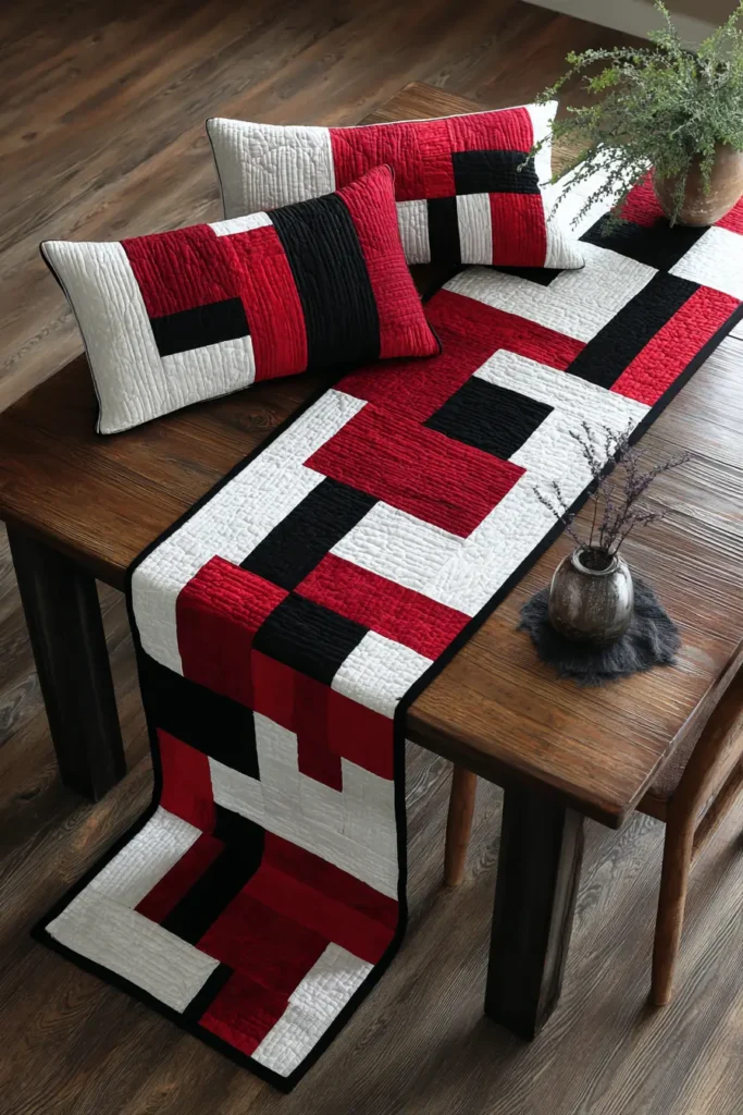 Cohesive Red, Black, and White Table Runner and Pillow Sets