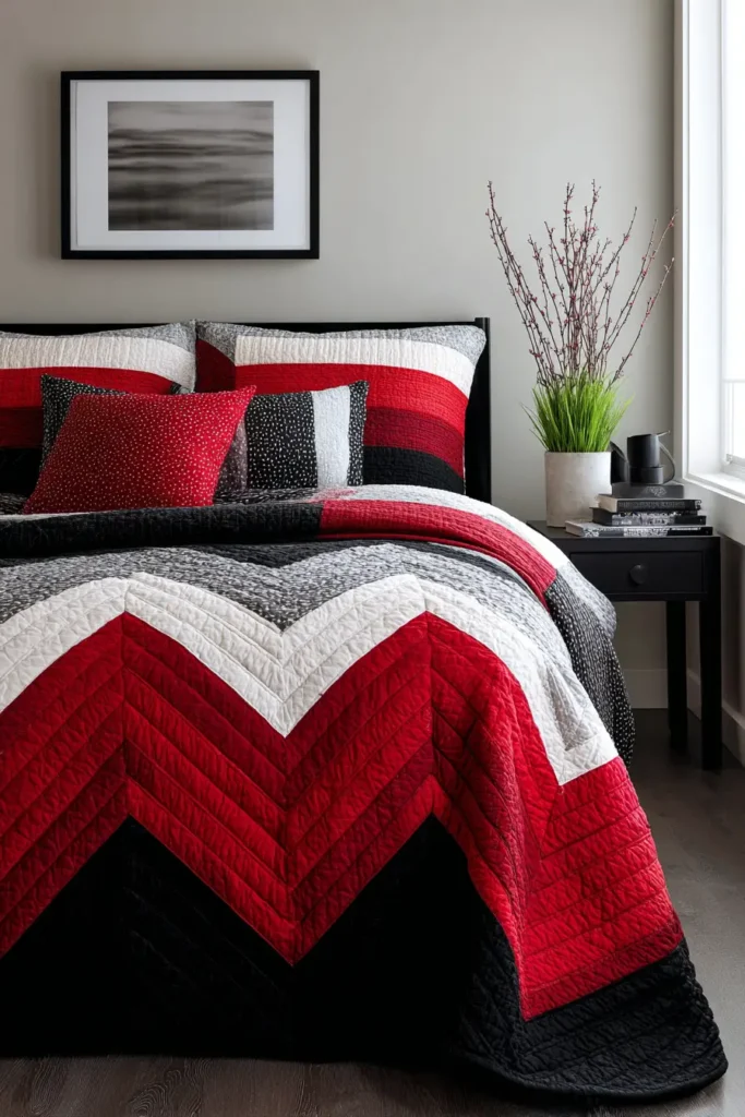 Contemporary Herringbone Quilt Patterns in Red, Black, and White