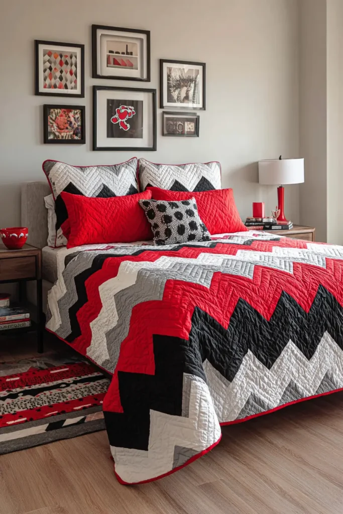 Contemporary Herringbone Quilt Patterns in Red, Black, and White