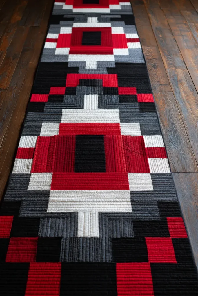 Contemporary Log Cabin Quilts for Modern Floor Decor in Red, Black, and White
