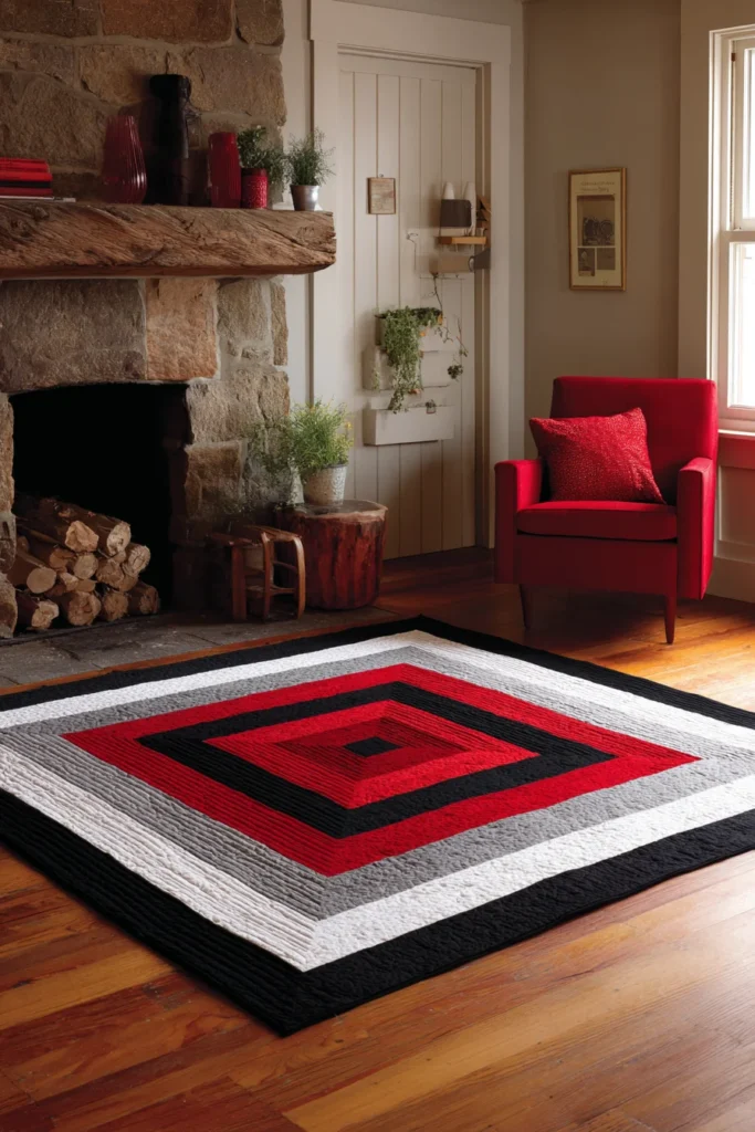 Contemporary Log Cabin Quilts for Modern Floor Decor in Red, Black, and White