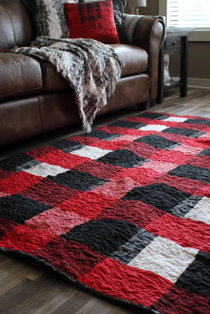 Cozy Red, Black, and White Quilted Floor Throws and Area Quilts