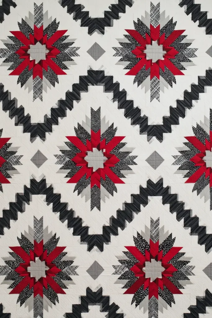 Farmhouse-Style Red, Black, and White Quilts for Open Living Dining Areas