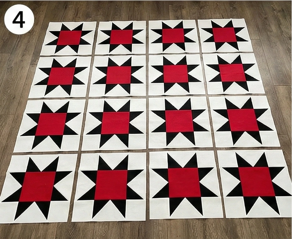 Farmhouse-Style Red, Black, and White Quilts for Open Living Dining Areas