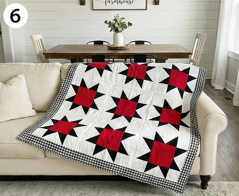 Farmhouse-Style Red, Black, and White Quilts for Open Living Dining Areas