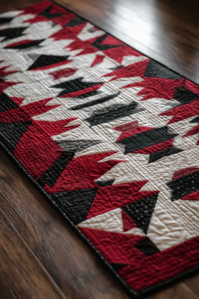Flying Geese Red and Black Quilt for Dining Bench Cushion and Armchairs