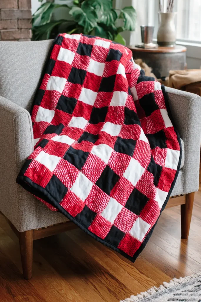 Gingham Red and White Quilt with Black Borders for Throw Blanket