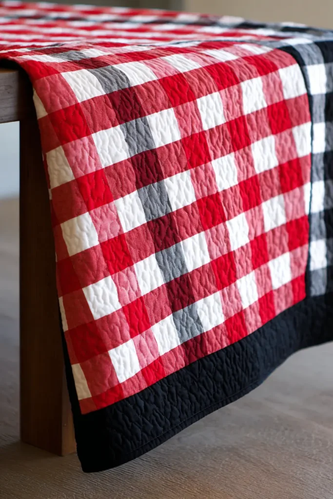 Gingham Red and White Quilt with Black Borders for Throw Blanket