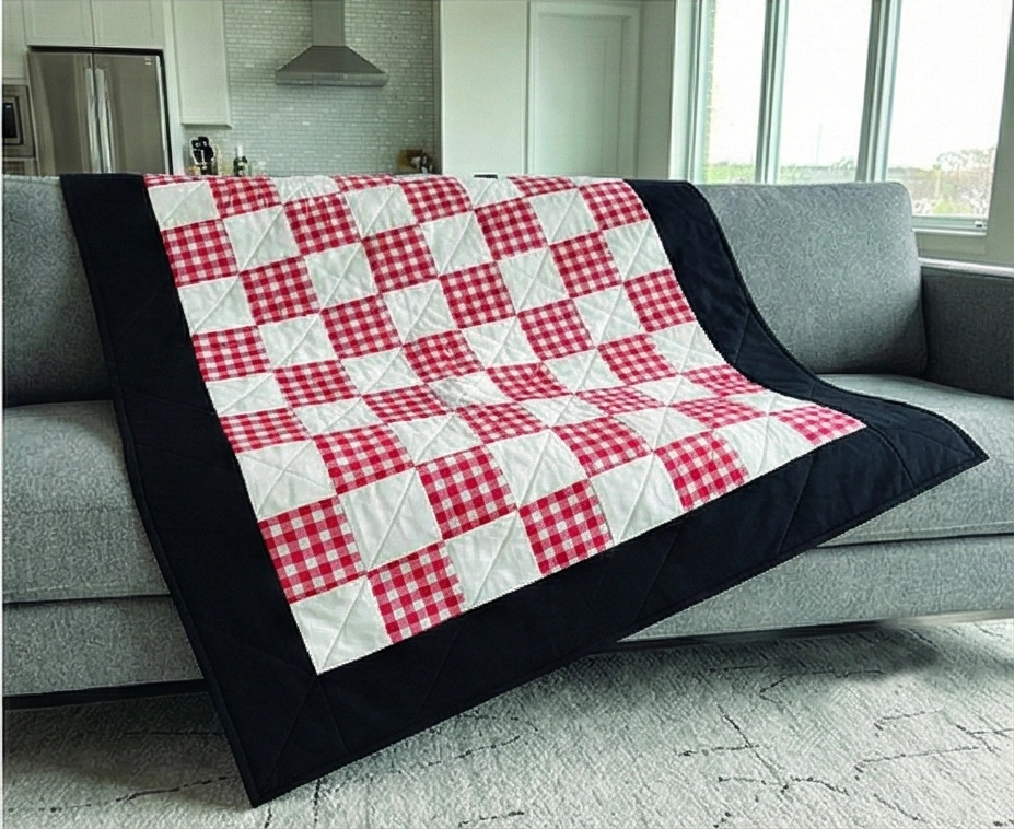 Gingham Red and White Quilt with Black Borders for Throw Blanket