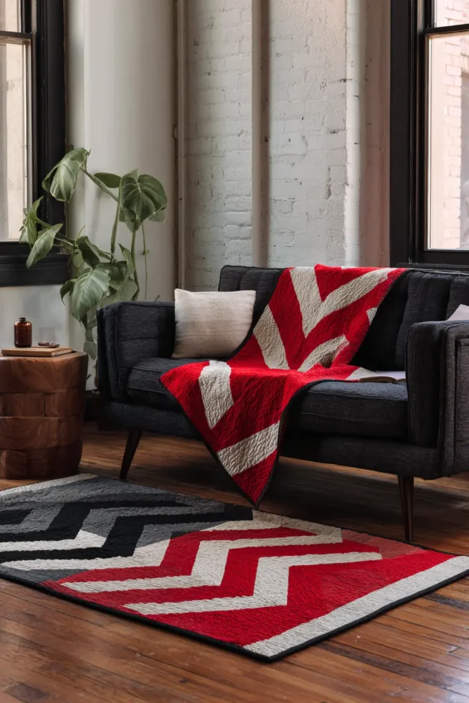 Herringbone Red Accent Quilt for Stylish Sofas