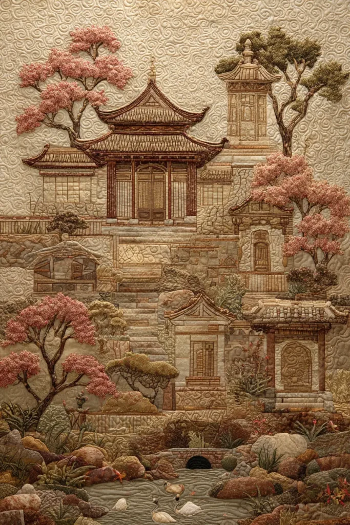 Japanese Garden Inspired Quilts for Wall Decor and Serenity