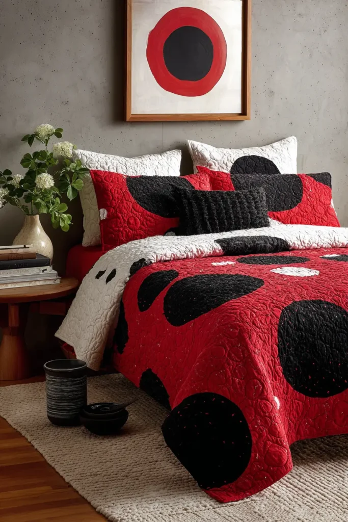 Layered Red, Black, and White Quilts for Cozy Statement Bedrooms