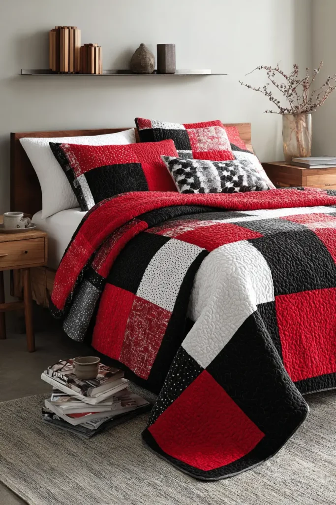 Layered Red, Black, and White Quilts for Cozy Statement Bedrooms