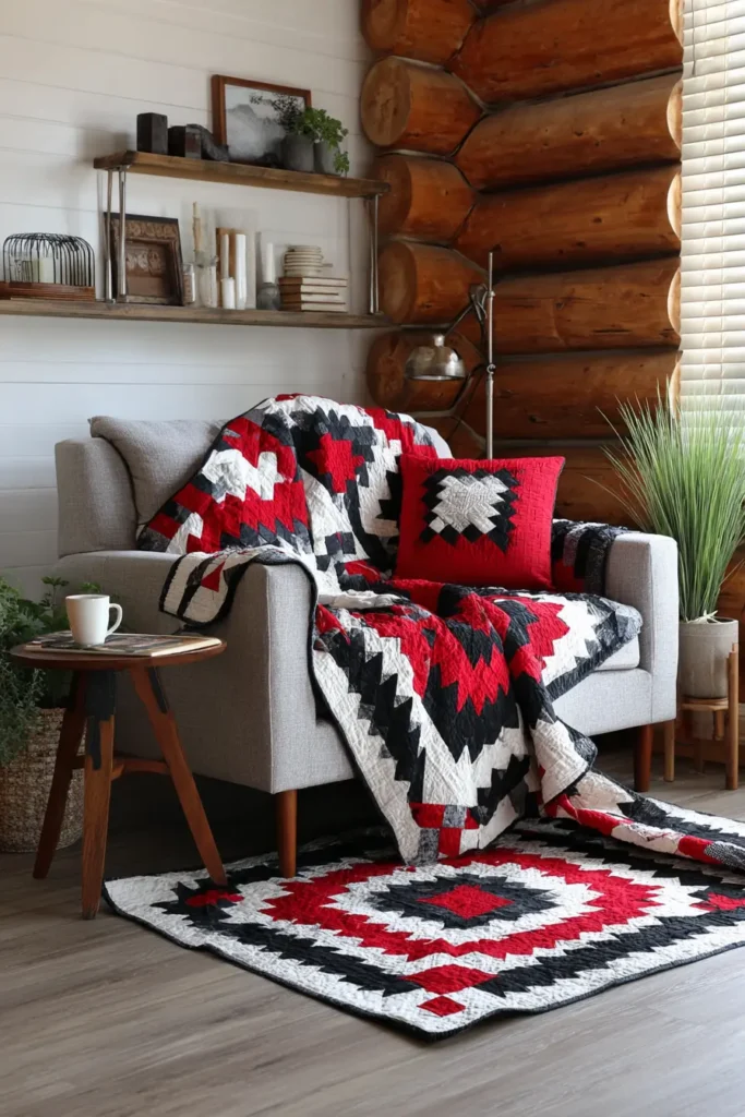 Log Cabin Quilt Pattern in Red, Black, and White for Floor Throw