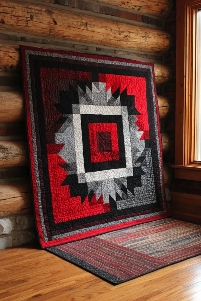 Log Cabin Quilt Pattern in Red, Black, and White for Floor Throw