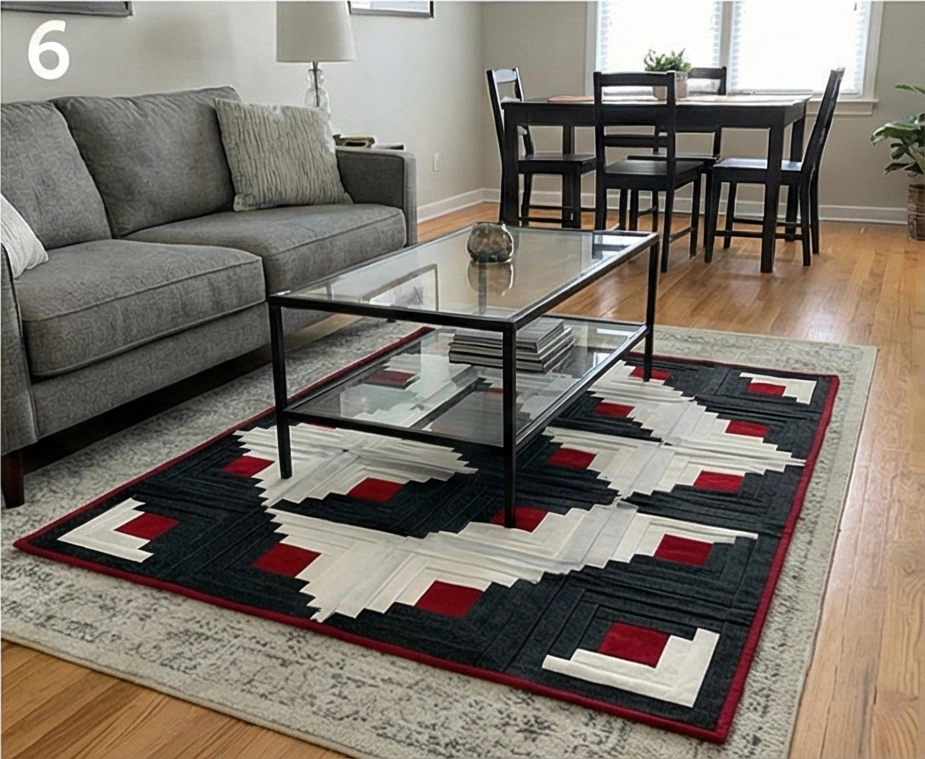 Log Cabin Quilt Pattern in Red, Black, and White for Floor Throw