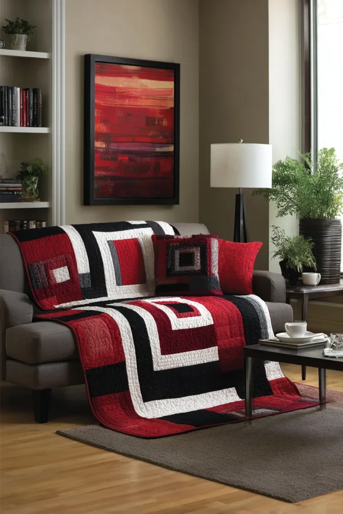 Modern Red, Black, and White Throw Quilts for Sectionals and Loveseats