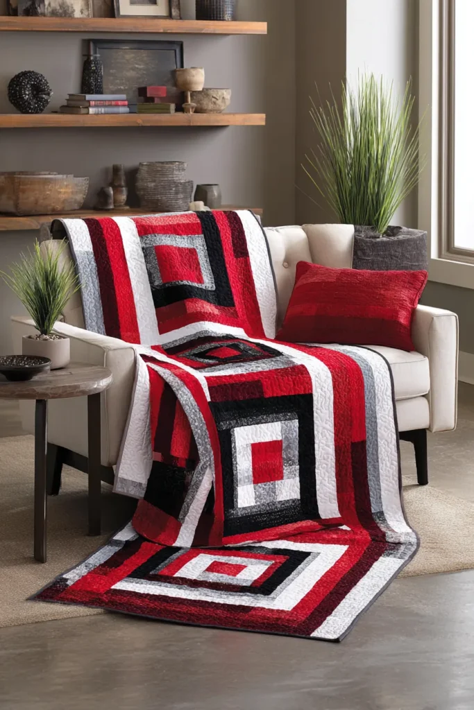 Modern Red, Black, and White Throw Quilts for Sectionals and Loveseats