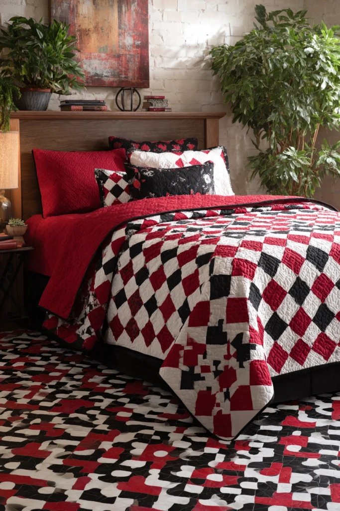 Mosaic Tile Inspired Red, Black, and White Quilts