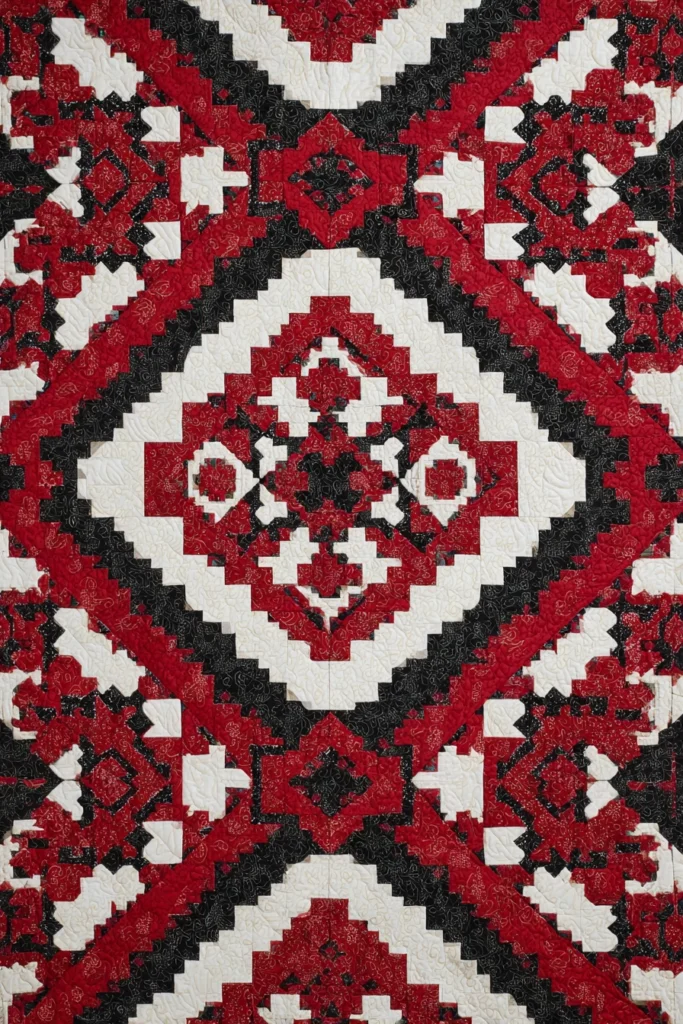 Mosaic Tile Inspired Red, Black, and White Quilts