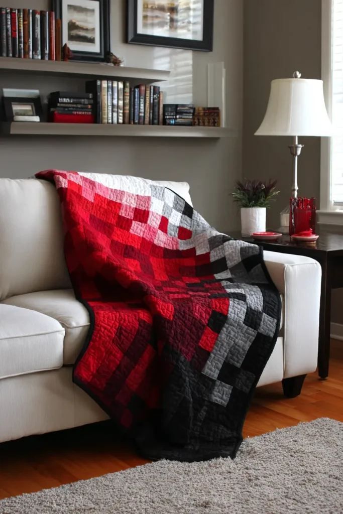 Ombre Red to Black Quilt for Dramatic Sofa Drape in Combined Room