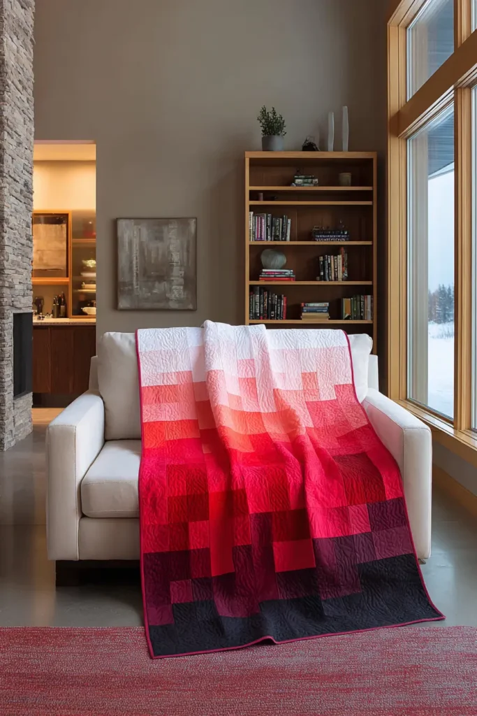 Ombre Red to Black Quilt for Dramatic Sofa Drape in Combined Room