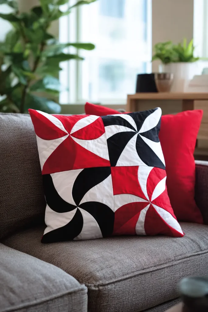 Pinwheel Quilt Ideas in Red, Black, and White for Sofa Pillow