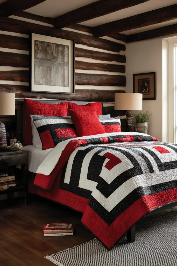 Red, Black, and White Sophisticated Log Cabin Quilt Patterns