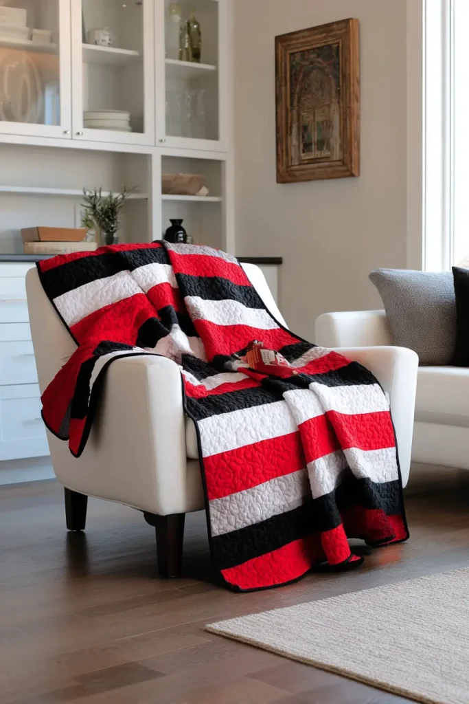 Red, Black, and White Stripe Quilts for Sleek Modern Sofas