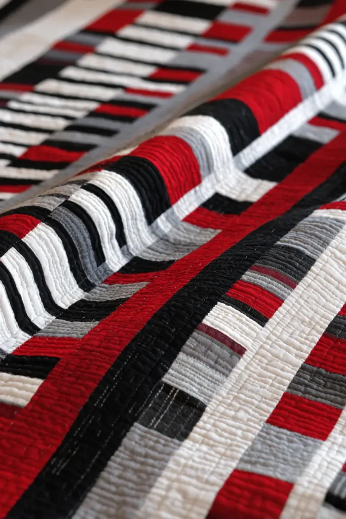 Red, Black, and White Stripe Quilts for Sleek Modern Sofas
