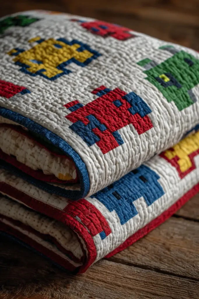 Retro Video Game Pixel Quilt Designs for Gamer Bedrooms